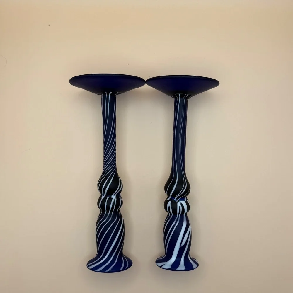 Vintage Cobalt Blue White Swirl Art Glass Candlestick Holders Set of 2 Frosted